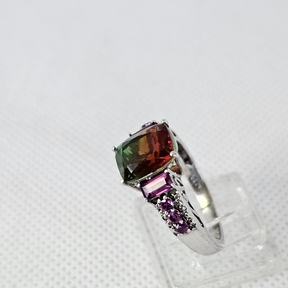 Genuine Watermelon Quartz & Rhodolite Garnet Ring Platinum/925 Sz 8! - Picture 12 of 14